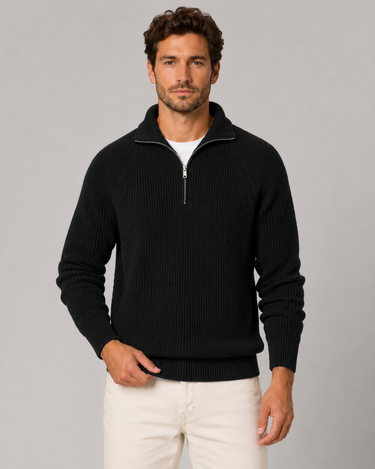 Men's quarter zip jumper with mock neck collar and ribbed knit detail, front view