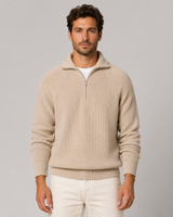 Close-up of the quarter-zip opening and mock neck collar