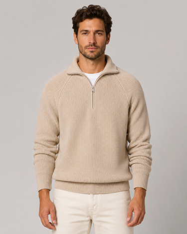 Close-up of the quarter-zip opening and mock neck collar