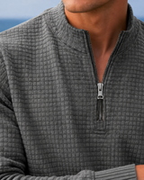 Close-up of waffle knit texture and quarter-zip fastening detail