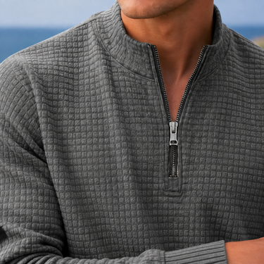 Close-up of waffle knit texture and quarter-zip fastening detail