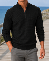 Side view of men's quarter-zip jumper showing regular fit silhouette