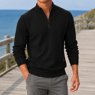 Side view of men's quarter-zip jumper showing regular fit silhouette