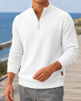 Rear view of men's waffle knit mock neck jumper
