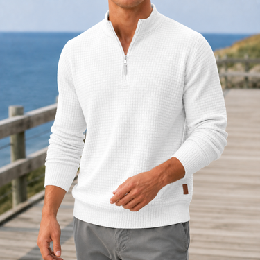 Rear view of men's waffle knit mock neck jumper