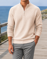 Men's quarter-zip jumper with zip open showing mock neck collar