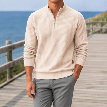 Men's quarter-zip jumper with zip open showing mock neck collar