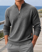 Men's quarter-zip waffle knit jumper with mock neck, front view