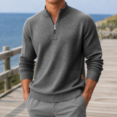 Men's quarter-zip waffle knit jumper with mock neck, front view