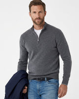Front view of men's quarter-zip knitted jumper with mock collar