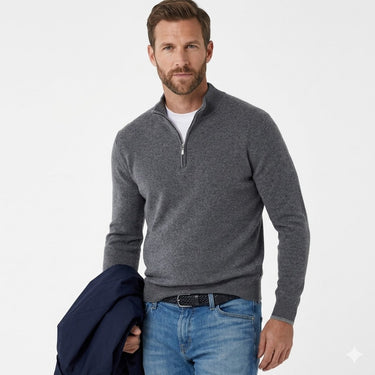 Front view of men's quarter-zip knitted jumper with mock collar