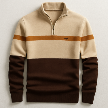 Back view of men's colour block quarter-zip sweater