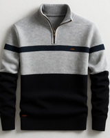 Men's quarter-zip sweater worn as a mid-layer, three-quarter view