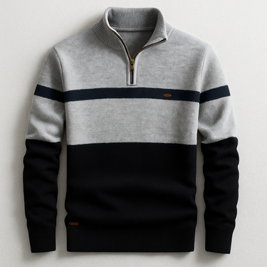 Men's quarter-zip sweater worn as a mid-layer, three-quarter view