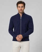 Overhead detail shot of knit texture on men's full-zip cardigan