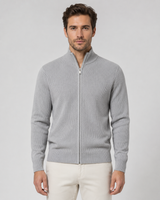 Men's Zip Up Cardigan With Stand Collar And Ribbed Cuffs