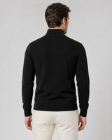 Close-up of stand collar and zip fastening on men's knit cardigan