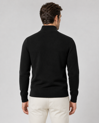 Close-up of stand collar and zip fastening on men's knit cardigan