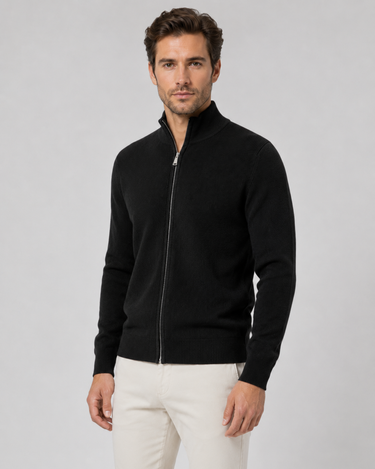 Detail shot of ribbed cuffs on men's zip up cardigan