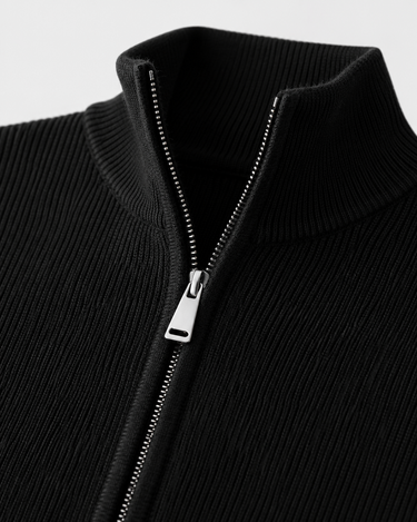 Side profile of men's zip up cardigan showing regular fit and hem