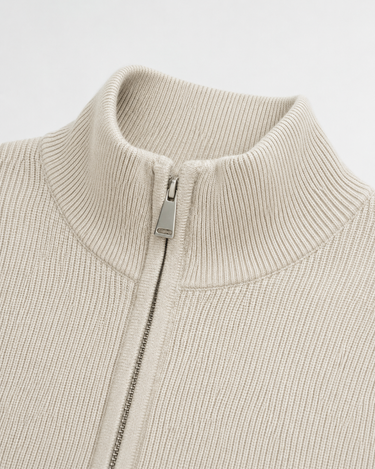 Men's zip up cardigan worn over a plain crew neck T-shirt