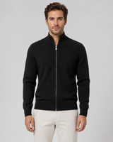 Front view of men's zip up knit cardigan with stand collar and full-length zip