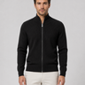 Front view of men's zip up knit cardigan with stand collar and full-length zip