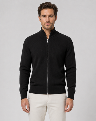 Front view of men's zip up knit cardigan with stand collar and full-length zip
