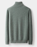 Front view of men's merino roll neck jumper with ribbed collar detail
