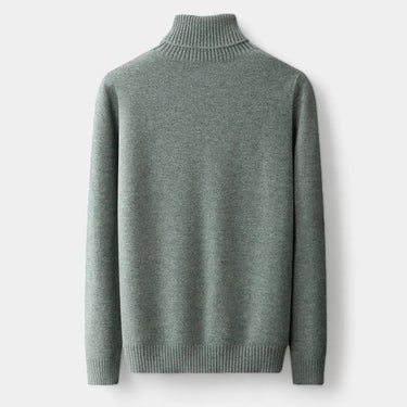 Front view of men's merino roll neck jumper with ribbed collar detail