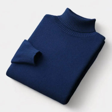 Close-up of ribbed hem and fine knit on men's roll neck jumper