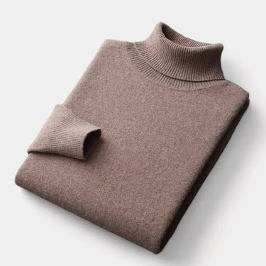 Detail shot of folded roll neck collar on men's fine knit jumper