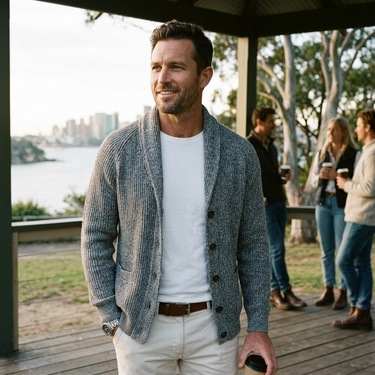 Detail of ribbed hem and button fastening on men's cardigan