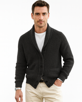 Side view of men's button-front cardigan showing ribbed cuffs