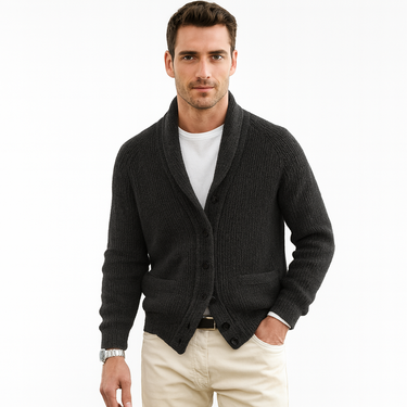 Side view of men's button-front cardigan showing ribbed cuffs
