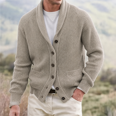 Back view of men's shawl collar cardigan showing ribbed hem