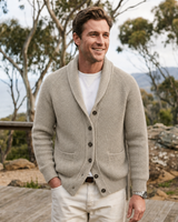 Detail shot of hip patch pocket on men's knit cardigan