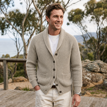 Detail shot of hip patch pocket on men's knit cardigan