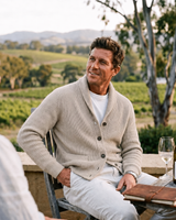 Close-up of brushed knit texture on shawl collar cardigan