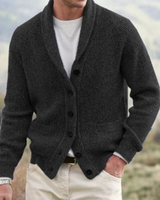 Men's shawl collar cardigan with button front, worn closed