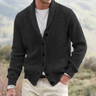 Men's shawl collar cardigan with button front, worn closed