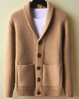 Close-up of shawl collar and top button detail on cashmere cardigan