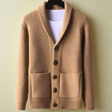 Close-up of shawl collar and top button detail on cashmere cardigan
