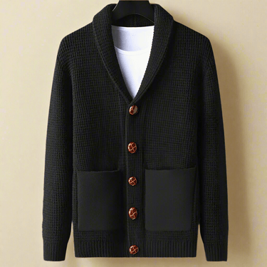 Front patch pocket with ribbed trim on men's cashmere cardigan