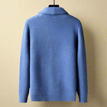 Rear view of men's shawl collar cashmere cardigan