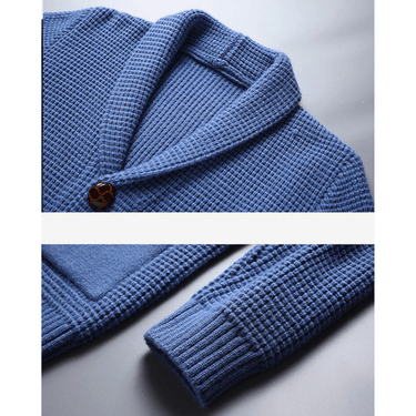 Men's cashmere cardigan styled with tailored trousers