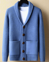 Men's cashmere shawl collar cardigan with button-front fastening, front view