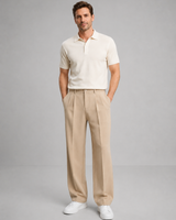 Side view of men's straight-leg trousers highlighting the straight cut from hip to hem