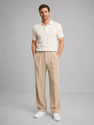 Side view of men's straight-leg trousers highlighting the straight cut from hip to hem