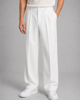 Full-length view of men's straight-leg trousers styled with a shirt and blazer